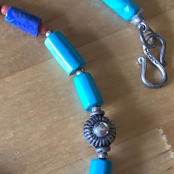 NWOTsterling SILVER 925 VINTAGE TURQUOISE/LAPIS/CORAL SILVER BEADS NECKLACE - Picture 4 of 6